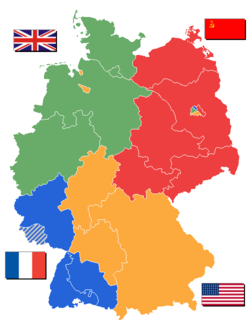 German occupation zones in 1946 after territorial annexations in the East. The Saarland (in the French zone) shown with stripes as it was not removed from Germany until 1947