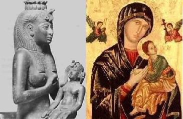 On the right is Our Mother of Perpetual Help, a famous mediaeval icon of Mary and Jesus; on the left is a bronze statue of Isis nursing Horus dating from the Ptolomeic era of Egypt.