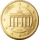 A 50 euro cent coin Featuring the Brandenburg Gate, symbol of division and reunification.