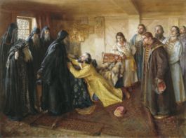 Ivan's repentance: he asks a father superior of the Pskovo-Pechorsky Monastery to let him take the tonsure at his monastery.