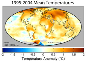 Mean surface temperature anomalies during the period 1995 to 2004 with respect to the average temperatures from 1940 to 1980