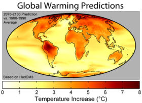 The geographic distribution of surface warming  during the 21st century calculated by the HadCM3 climate model if a business as usual scenario is assumed for economic growth and greenhouse gas emissions. In this figure, the globally averaged warming corresponds to 3.0 °C (5.4 °F)