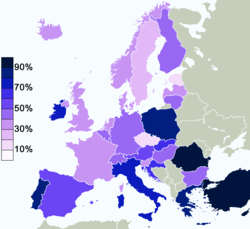 The percentage of people in European countries who said in 2005 that they believe in God. Countries with Catholic or Muslim majorities tend to poll highest.