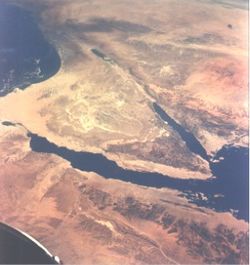 Northern section of the Great Rift Valley. The Sinai Peninsula is in center and the Dead Sea and Jordan River valley above