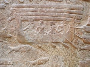 Relief from Assyrian capital of Dur Sharrukin, showing transport of Lebanese cedar (8th c. BC)