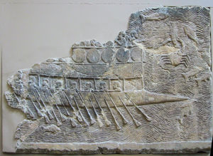 Assyrian warship, a bireme with pointed bow. 700 BC
