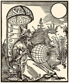 An engraving by Albrecht Dürer featuring Mashallah, from the title page of the De scientia motus orbis (Latin version with engraving, 1504). As in many medieval illustrations, the compass here is an icon of religion as well as science, in reference to God as the architect of creation