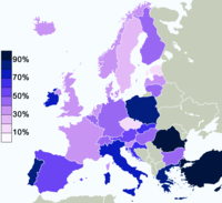 The percentage of people in European countries who said in 2005 that they believe in a god.