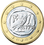 Greek 1 euro coin depicting Goddess Athena's symbol, the owl.