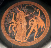 Dionysus with satyrs. Interior of a cup painted by the Brygos painter, Louvre Museum.