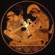 Achilles binds the wound of Patroclus, on a late archaic Kylix by the Sosias painter.