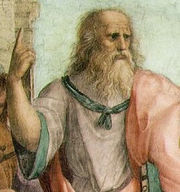 Raphael's Plato in The School of Athens fresco, probably in the likeness of Leonardo da Vinci. Plato gestures to the heavens, representing his belief in The Forms.