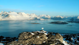 A typical scene from South Greenland, near Nanortalik, where fjords and mountains dominate the landscape. Note the small iceberg in the foreground.