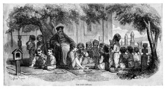 Primary School in "open air". Teacher (a priest) with class, from the outskirts of Bucharest, around 1842.