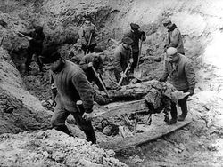 The picture of exhumations of Polish dead at Katyn Forest (1943) was distributed by the Nazi German Ministry of propaganda.