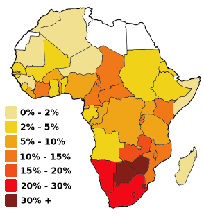National infection rates for HIV. No data is available for white coloured areas.