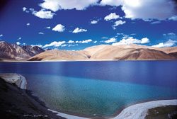 The Pangong Lake in Ladakh, is a fine example of a mountain lake in the Himalayas.