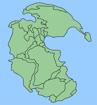Pangaea, the most recent supercontinent, existed from 300 to 180 million years ago. The outlines of the modern continents and other land masses are indicated on this map.