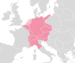 Areas being part of the Holy Roman Empire of the German Nation around 1630. Showing modern European state borders.
