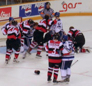 Fights often occur near the goal, since defensive players need to protect their goaltender.