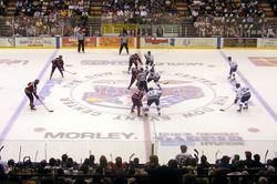 Winning the face off can be the key to some strategies. A game between Saginaw and Plymouth's OHL teams.