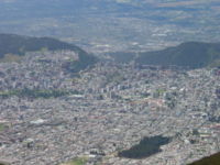 Northern Quito as seen from the TelefériQo (Aerial tramway) Station at Cruz Loma (part of the Pichincha mountain complex at about 13,123 ft; 4,000 m, ). Lots of buildings (10 or more stories) have been constructed around the financial center of the city throughout the last 35 years.