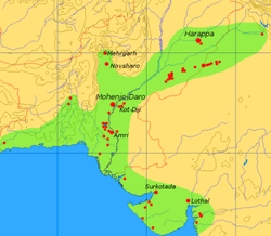 Extent and major sites of the Indus Valley Civilization (modern state boundaries shown in red). See [2] for a more detailed map.