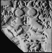 An Indus Valley seal with the seated figure termed pashupati.