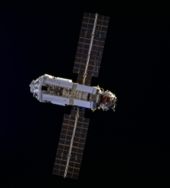 Zarya module as seen from STS-88 (NASA). STS-88 delivered the Unity module, the second module of the ISS.