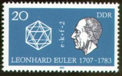 Stamp of the former German Democratic Republic honoring Euler on the 200th anniversary of his death. In the middle, it is showing his polyhedral formula.