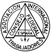 The Masonic "level in a circle" as used by the Federal Council of Spain of the International Workingmen's Association. Note the inclusion of the Plumb, one of the working tools of a operative masonry, and a symbol of rectitude of conduct