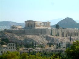 The Parthenon, a landmark of Western Civilization. Lykavittos Hill stands in the background (right side).