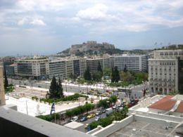 View of Syntagma Square and the acropolis in central Athens.