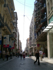 The mid-section of the popular pedestrianized Ermou (Greek: Ερμου) Street in central Athens.