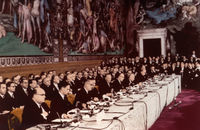 The founding nations signing the Treaty of Rome in 1957