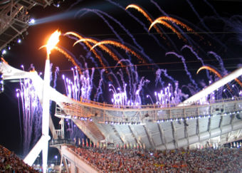 The olympic flame at the Opening Ceremony.