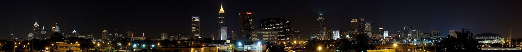 Panoramic view of the central Atlanta skyline, spanning Midtown (left) and Downtown (right)