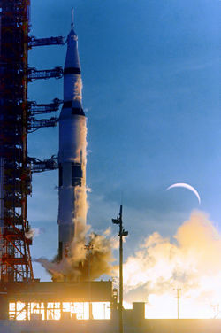 Apollo 8 launch - the photo is a double exposure, as the Moon was not visible at the time of launch. (NASA)