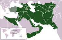 The Sassanian Empire in 602-629 AD (green) and areas under Sassanid military control (striped).