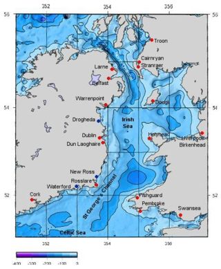 Relief map of the Irish Sea. Major ports shown as red dots. Freight only ports as blue dots.