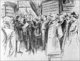 Nashville Tennessee News sketch of Theodore Roosevelt inauguration minus the customary Bible.  Inauguration photos were not allowed after a rival photographer unceremoniously knocked down another's camera.