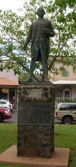 A statue of James Cook stands in Waimea, Kauai commemorating his first contact with the Hawaiian islands at the town's harbour on January 1778