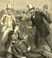 President Garfield being supported in the arms of his wife just after he was shot, as depicted in an engraving from an 1881 newspaper.