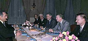 The Iranian Shah, Mohammad Reza Pahlavi meeting with Arthur Atherton, William H. Sullivan, Cyrus Vance, President Jimmy Carter, and Zbigniew Brzezinski, 1977