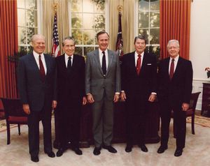 Former Presidents Gerald Ford, Richard Nixon, then-President George H. W. Bush, former Presidents Ronald Reagan and Jimmy Carter at the dedication of the Reagan Presidential Library