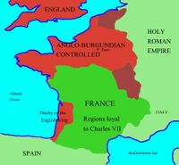 France at the outset of Joan of Arc's career. The dot that represents Paris is near the center of the Anglo-Burgundian region. Reims lies to its northeast.