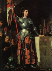 Joan of Arc at the coronation of Charles VII, by Jean Auguste Dominique Ingres (1854), is typical of attempts to feminize her appearance. Note the long hair and the skirt around the armor.