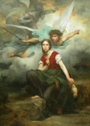 Jeanne d' Arc, by Eugene Thirion (1876). Late nineteenth century images such as this often had political undertones because of French territorial cessions to Germany in 1871. (Chautou, Church of Notre Dame)