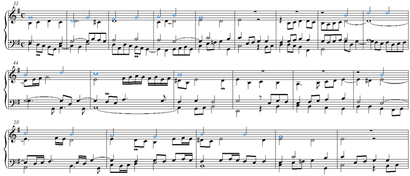 Bars 35-54 of chorale Wenn mein Stündlein vorhanden ist. The chorale in the soprano is highlighted.