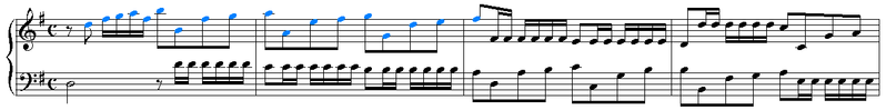 Excerpt from Magnificat Fugue octavi toni No. 12 (bars 15-18). Fugue subject that appears once in this excerpt is highlighted.